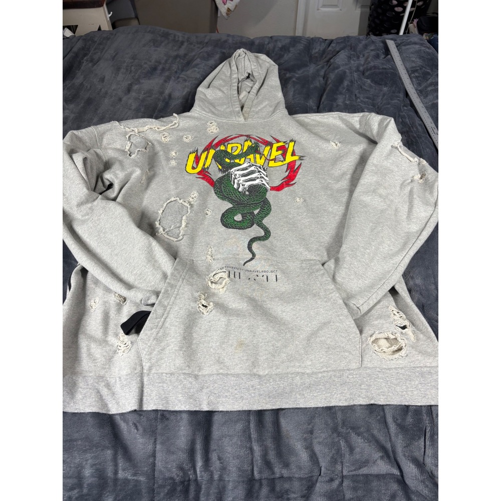Unravel Project Distressed Snake Graphic Hoodie Grey Mens Size‎ L
